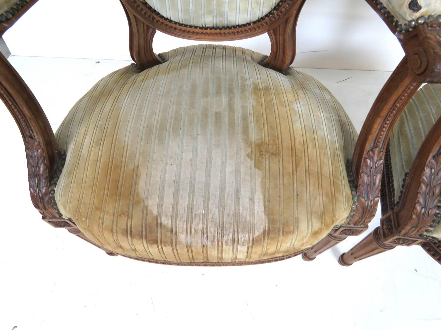 Pair of Antique Louis XVI Style Carved Walnut Fauteuils Arm Chairs