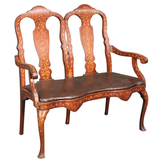 Leather Upholstered Dutch Marquetry Inlaid Window Bench Circa 1900