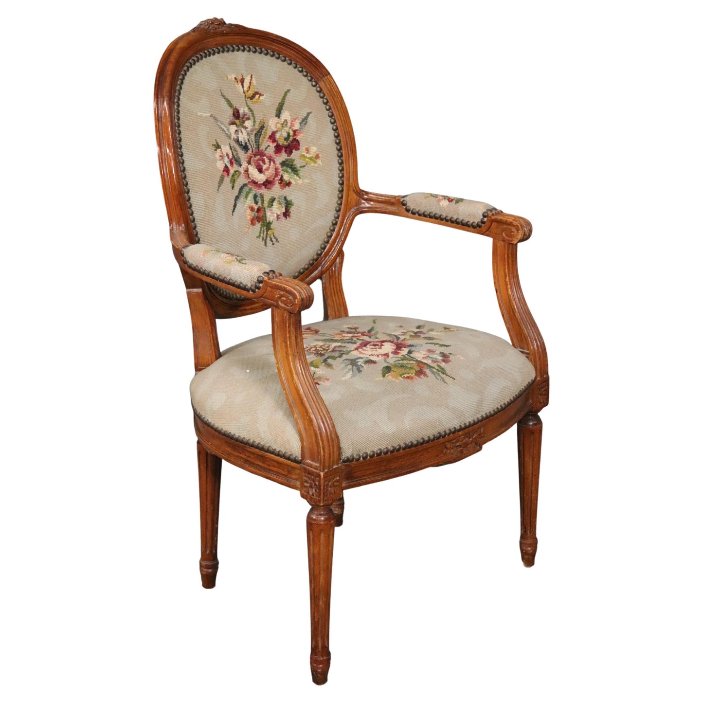 Fine French Louis XVI Carved Walnut Needlepoint Armchair Circa 1940