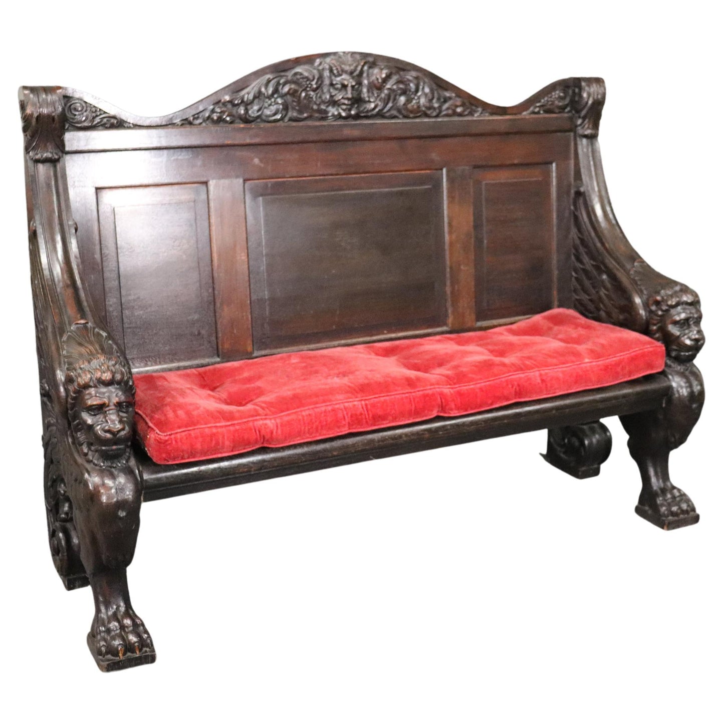 Monumental Carved Walnut Victorian Walnut Griffin Bench with Paw Feet circa 1890