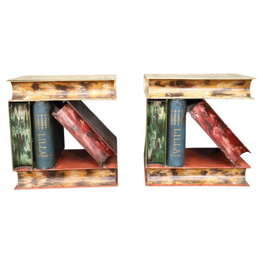 Outstanding Pair of Tole Painted Metal Italian-Made End Tables Stacked Books