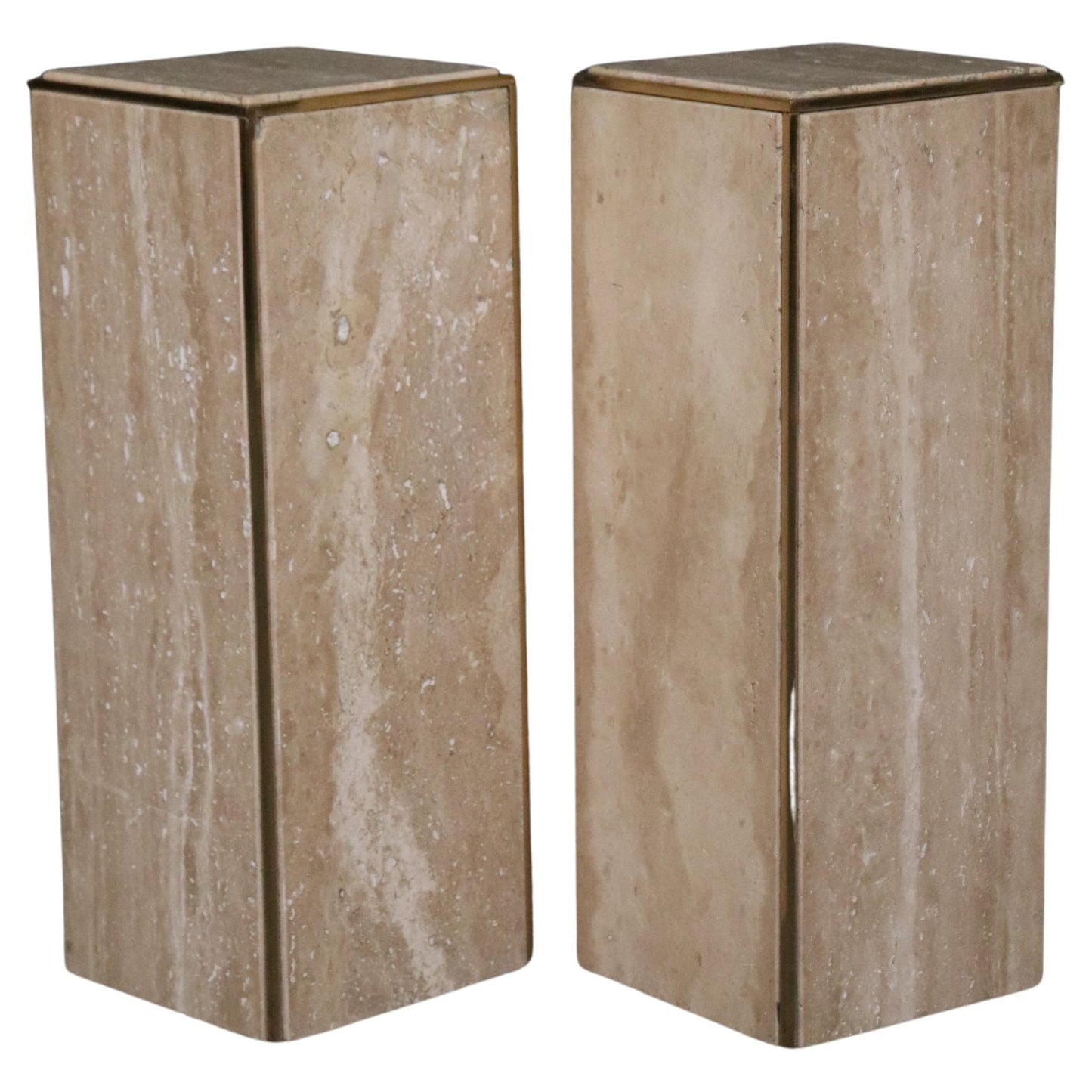 Modern Pair Travertine Marble Solid Brass Karl Springer Attributed Pedestals