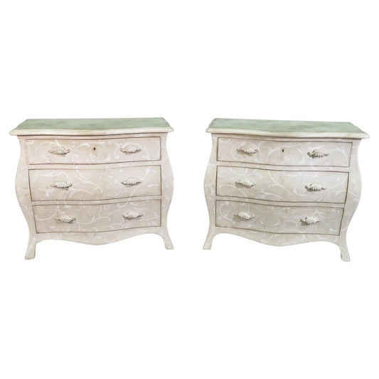 Pair Foral Painted White Decorated Gustavian Style Bombe Commodes Nightstands