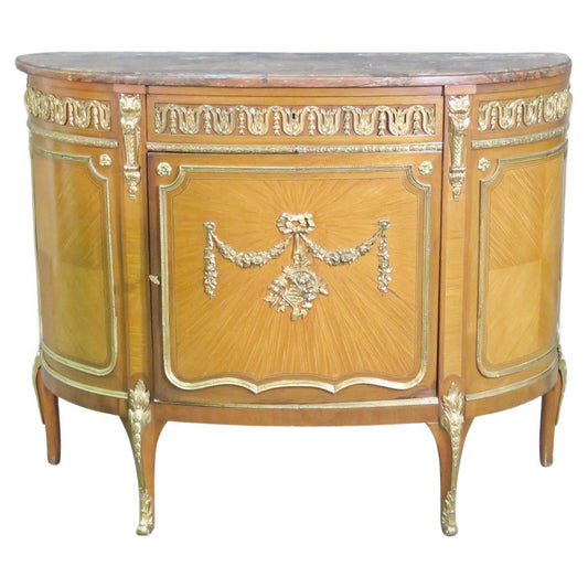 Satinwood Bronze Mounted French Louis XV Marble Top Commode, Circa 1920