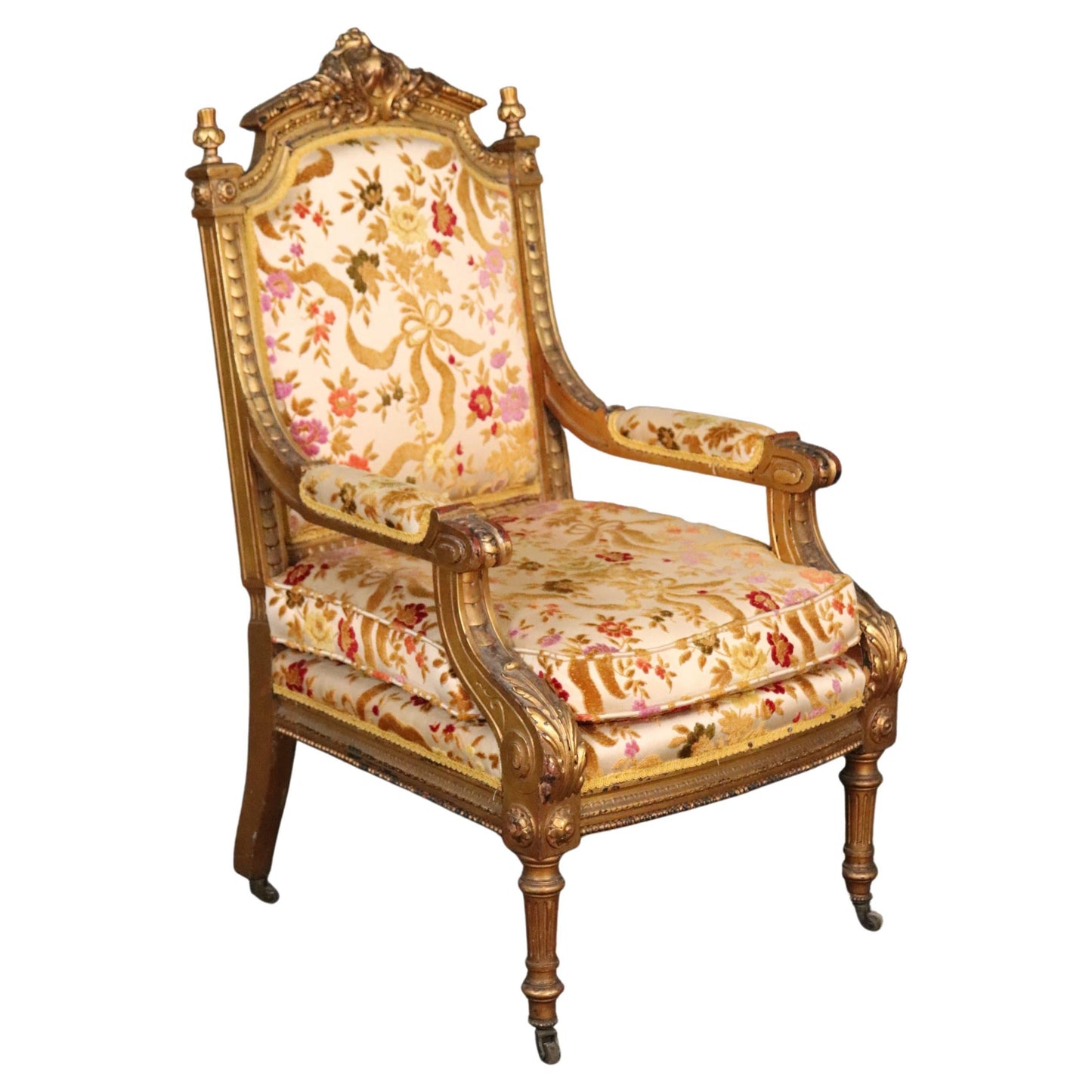 Luminous Gilded French Louis XVI Regal Looking Armchair Fauteuil