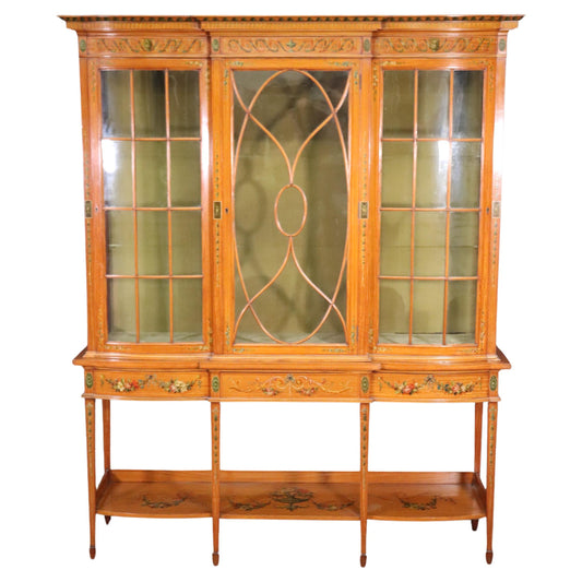 Fine Satinwood Paint Decorated English Adams Vitrine China Cabinet Circa 1900