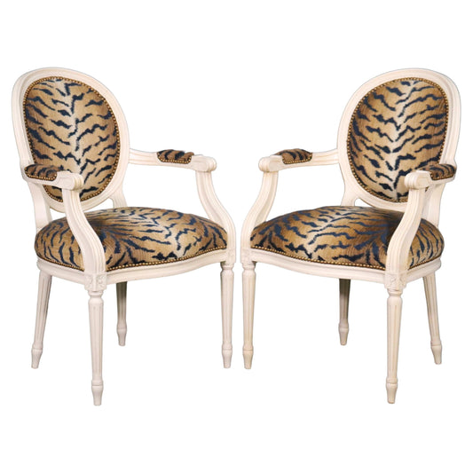 Pair White Painted Oval Back French Louis XVI Armchairs in Tiger Print Fabric