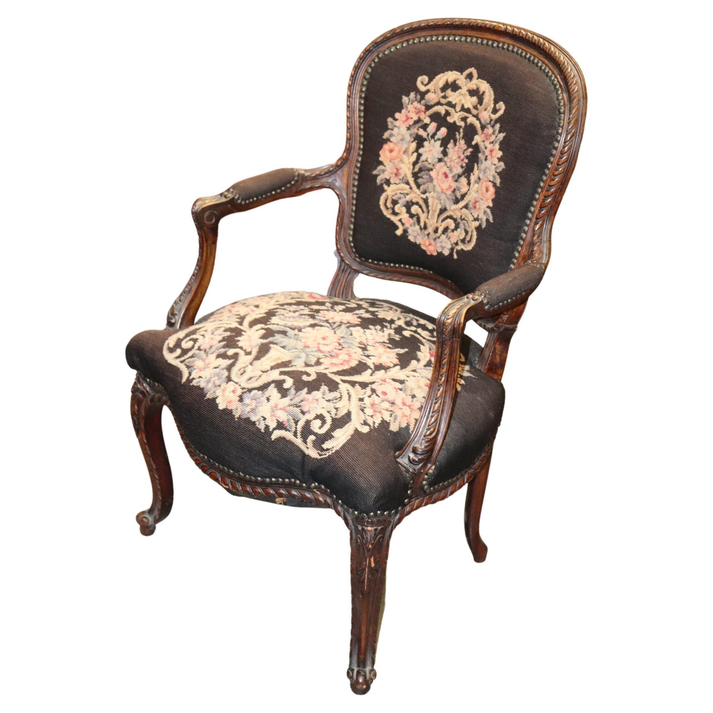 French Louis XV Brown Needlepoint Armchair Circa 1940