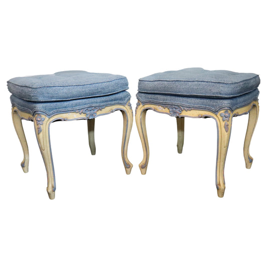 Pair of French Louis XV Painted Foot Stools Ottomans, Circa 1940