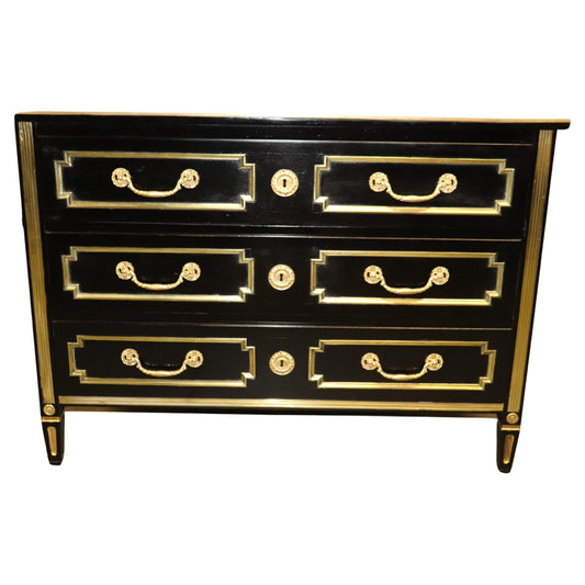 French Directoire Heavily Brass Inlaid Ebonized Commode Circa 1940 Jansen