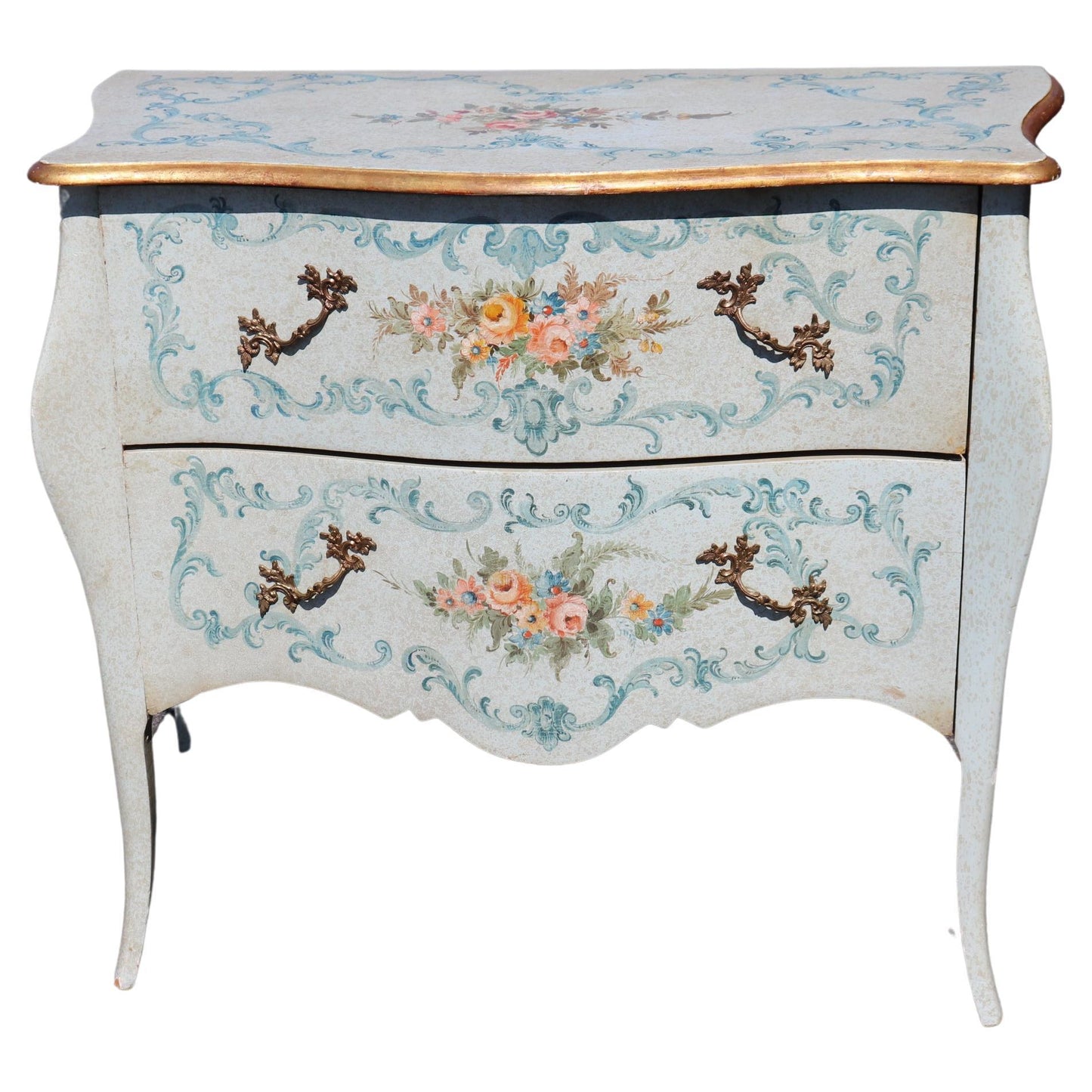 Robin's Egg Blue Venetian Paint Decorated Distressed Italian Commode Circa 1950