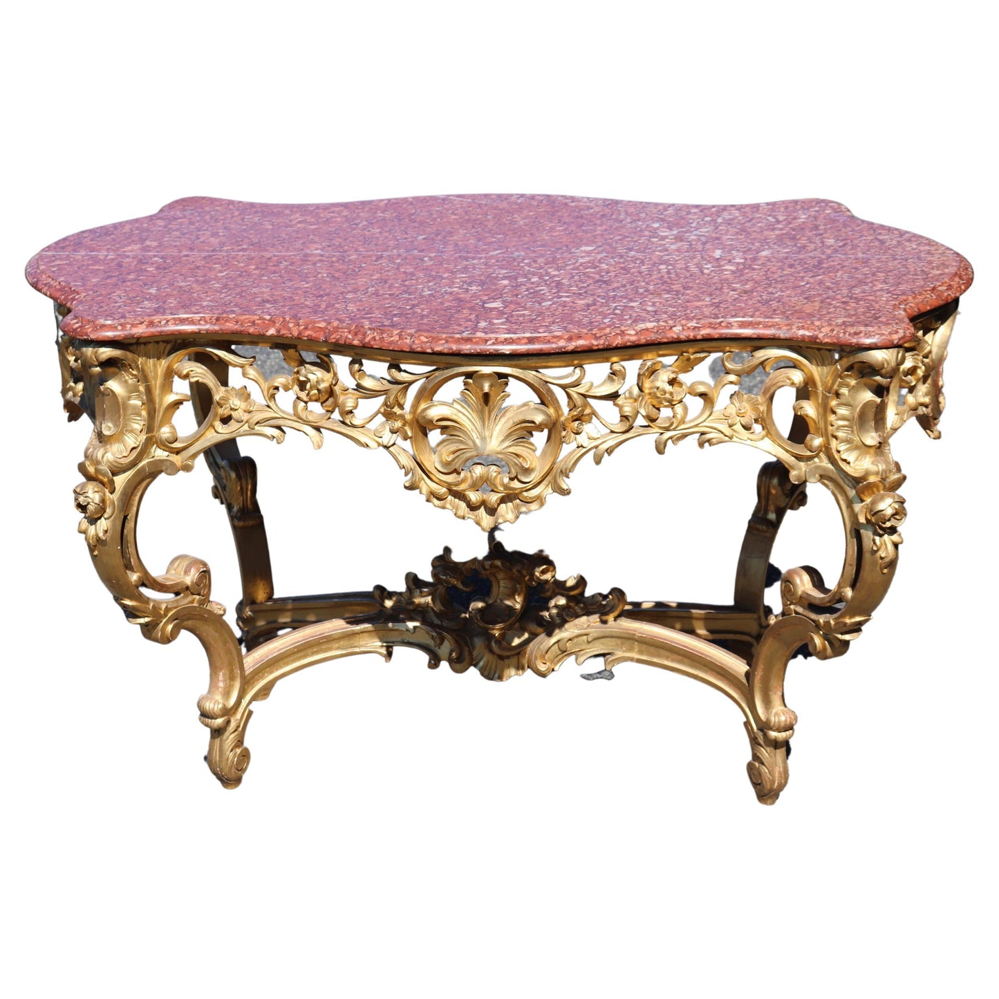 Fine Water-Gilded Rouge Marble Top Louis XV Rococo Center Table Circa 1900