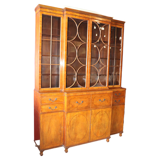 Fine Satinwood Baker Furniture Company Crown Glass Breakfront Bookcase