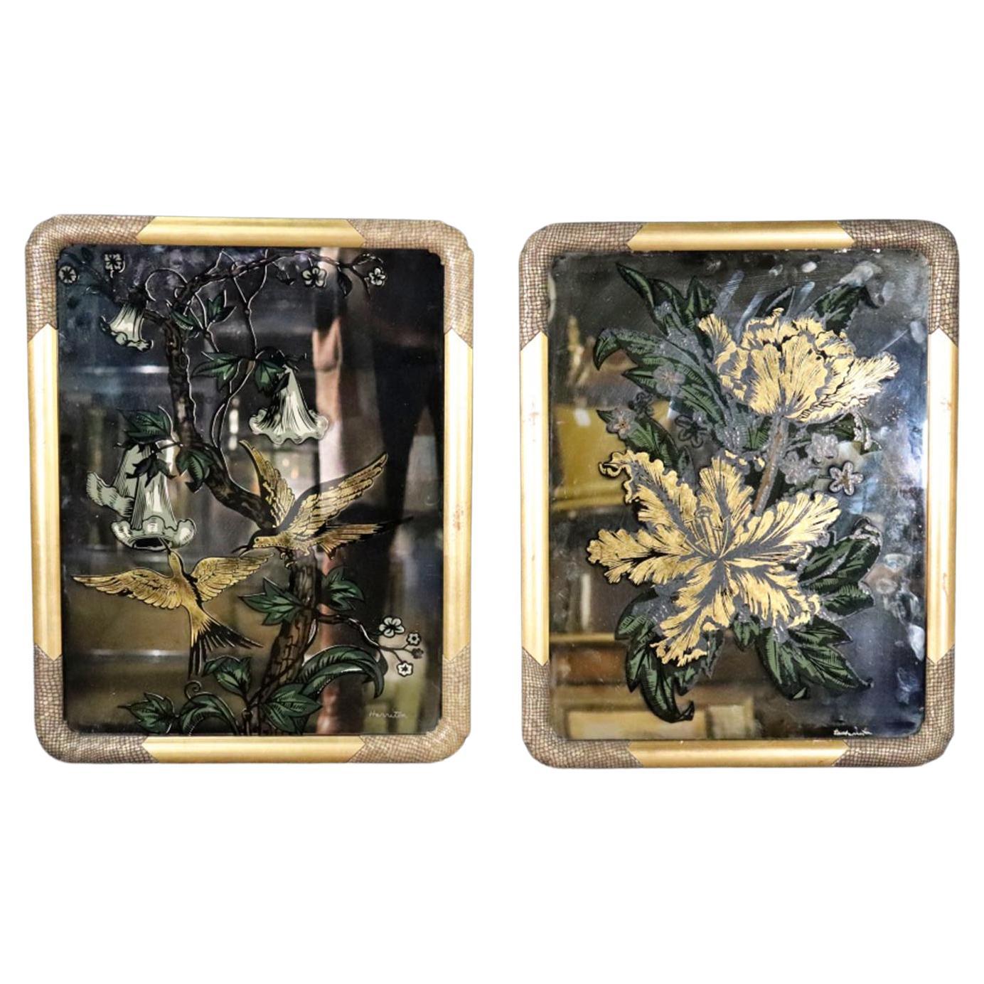 Pair Harriton Eglomise Painted Mirrors Signed