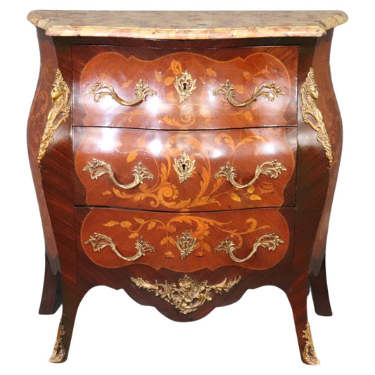 Fine Quality Figural Bronze Inlaid walnut Marble Top Louis XV commode Circa 1910