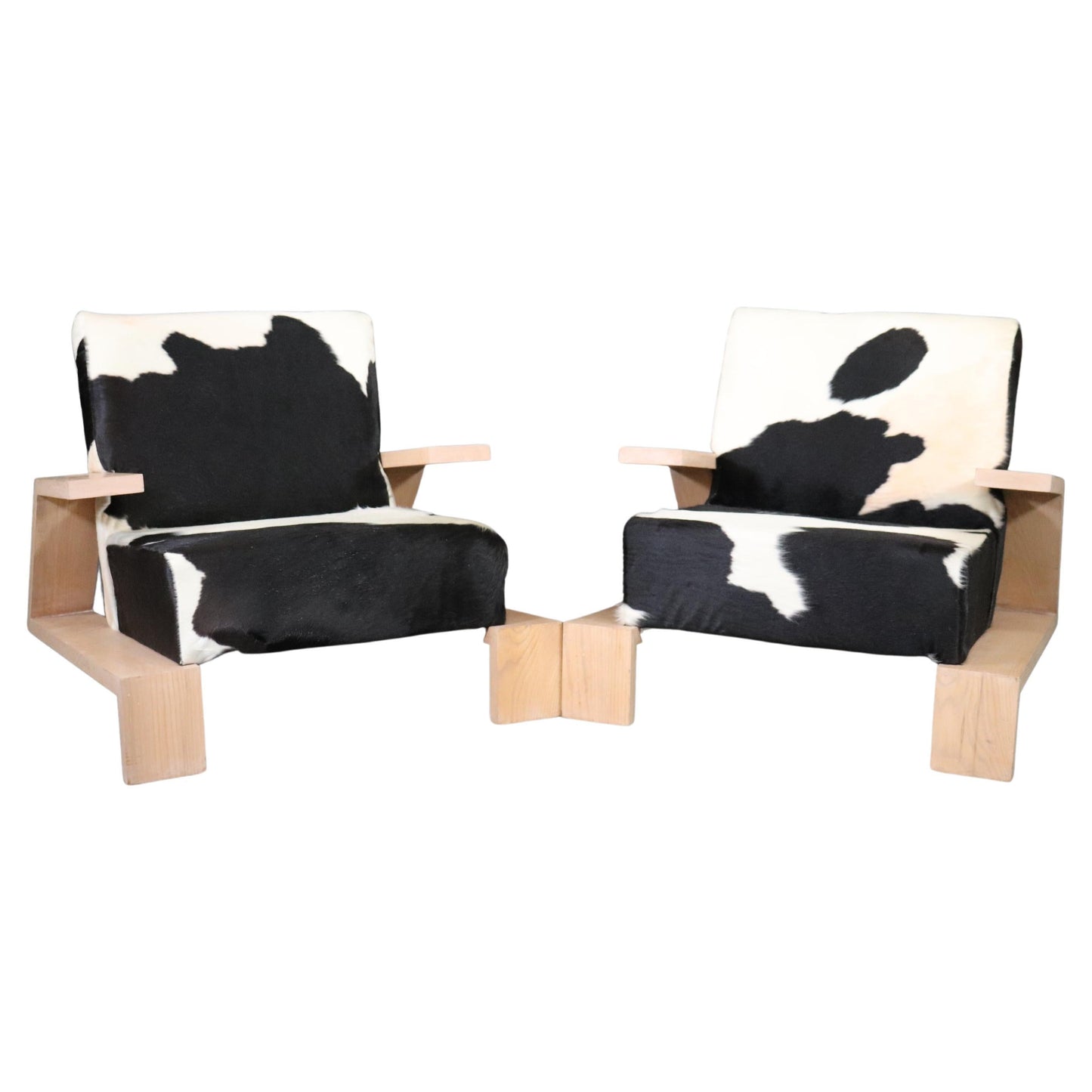 Pair of Mid-Century Modern Cerused Oak Elephant Chairs in Cowhide