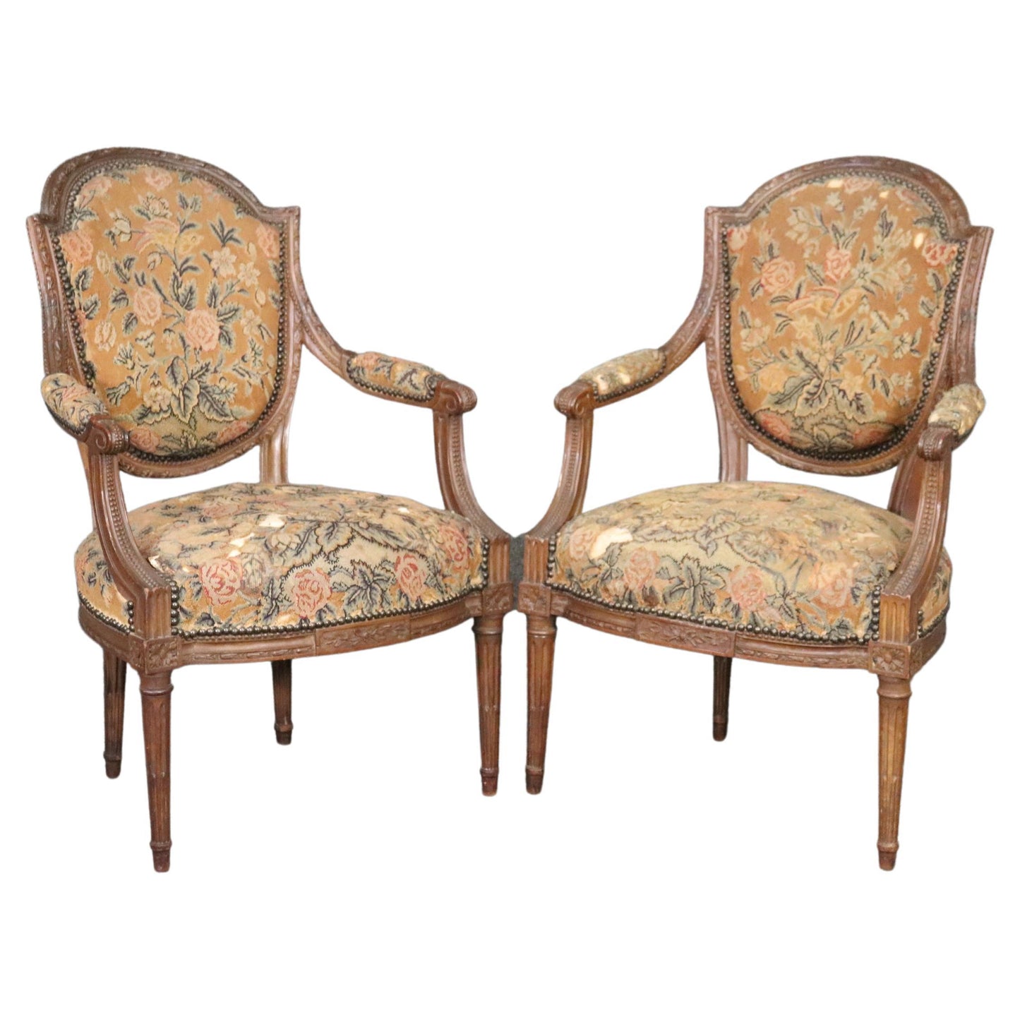 Pair Carved Walnut French Louis XVI Needlepoint Armchairs, Circa 1880