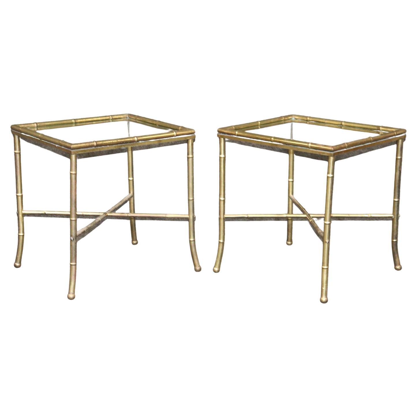 Pair of Faux Bamboo Brass Bagues Style Glass Top End Tables Circa 1970