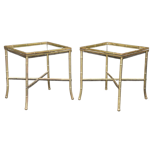 Pair of Faux Bamboo Brass Bagues Style Glass Top End Tables Circa 1970