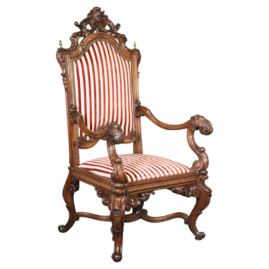 Large Heavily Carved Figural Victorian Walnut Throne Chair with Putti Cherubs