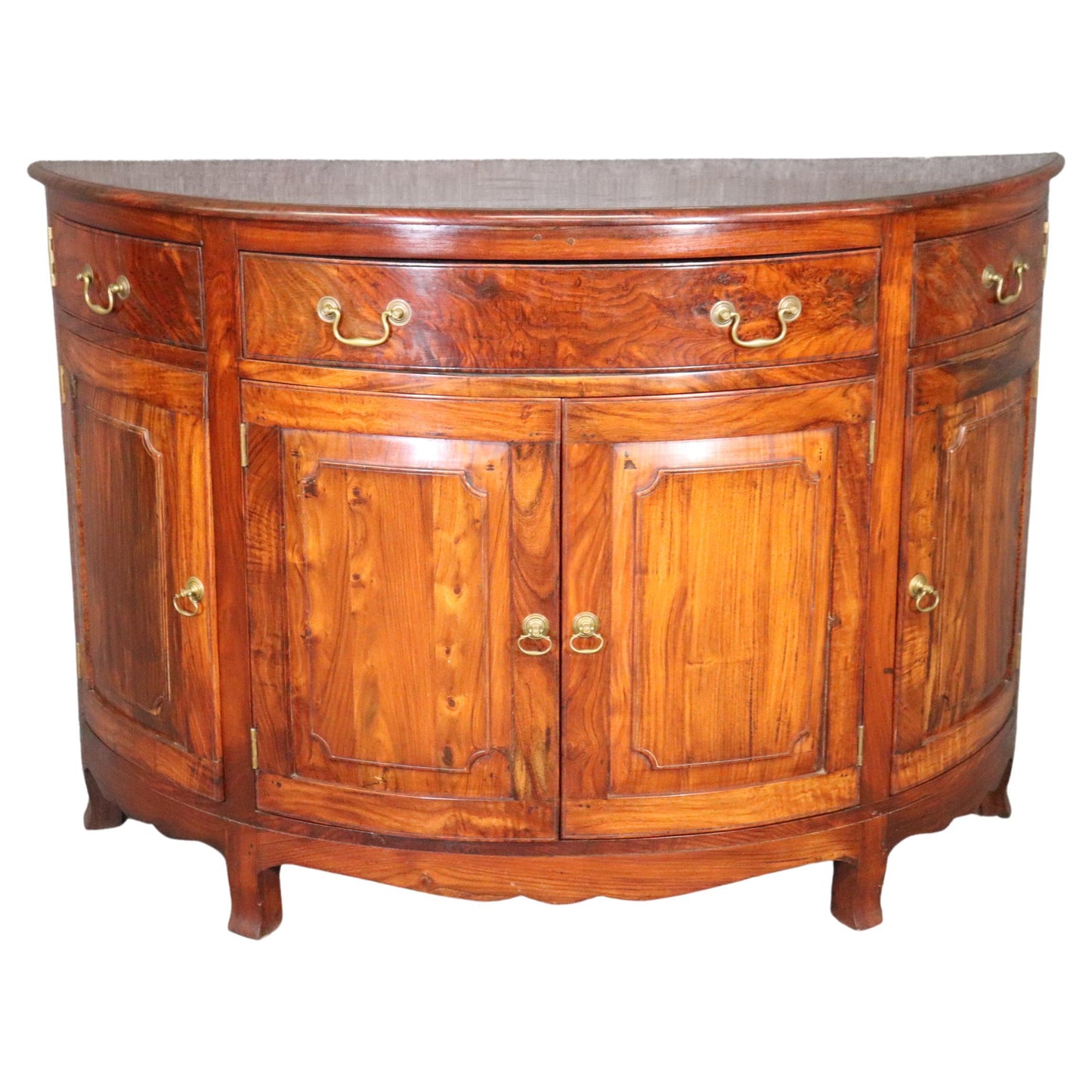 Unique Figured Teak Hand-Made Sheraton Style Demilune Buffet Commode