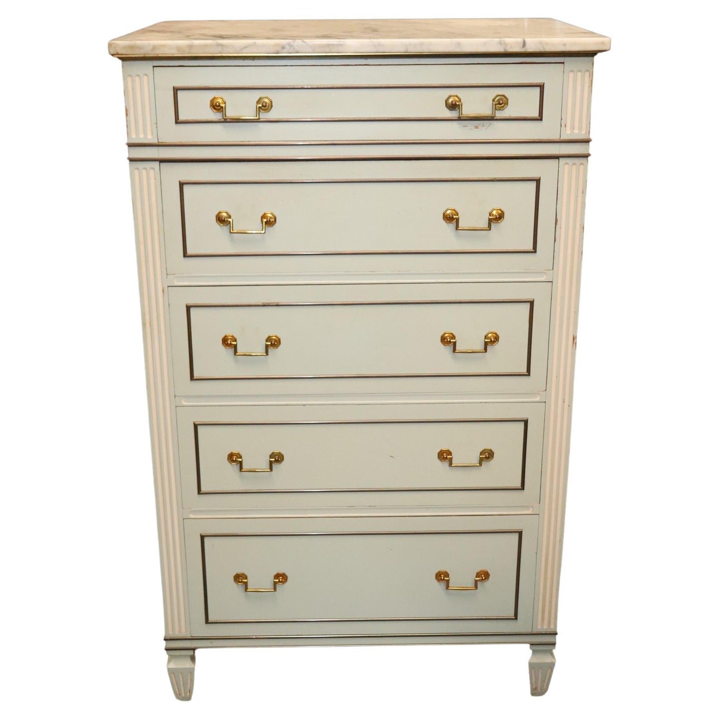 French Directoire Style Light Blue Painted Marble Top Dresser Semanie