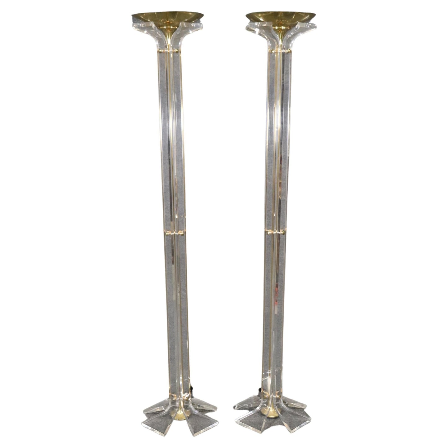 Pair Tall Hollywood Regency Lucite and Brass Floor Lamps Manner Hollis Jones