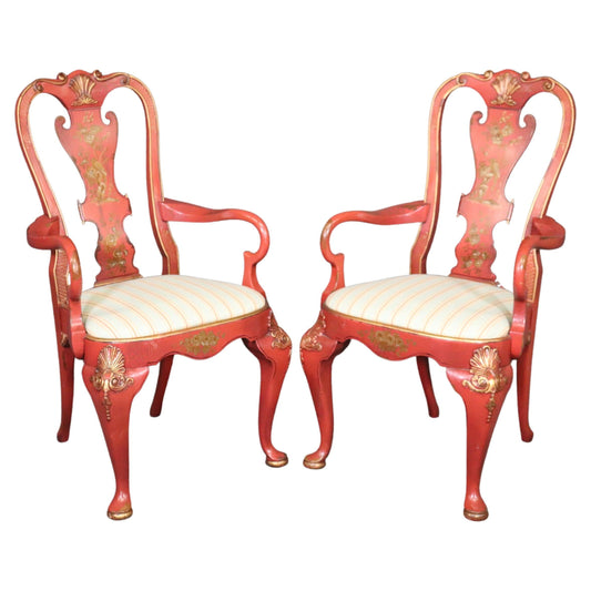 Pair of Red Chinoiserie Paint Decorated Georgian Armchairs or Dining Chairs