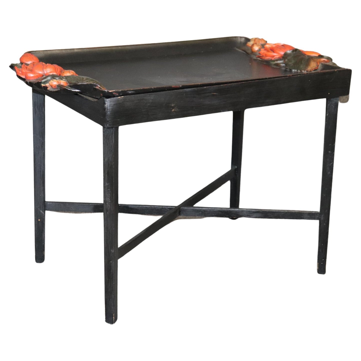 Unique Paint Decorated Ebonized Carved Italian Tray Top Coffee Table