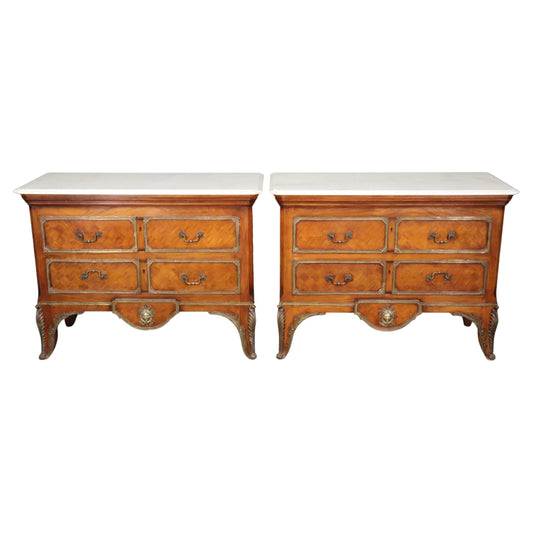 Pair Directoire Bronze Mounted Figural Marble Top Kingwood Nightstands Commodes