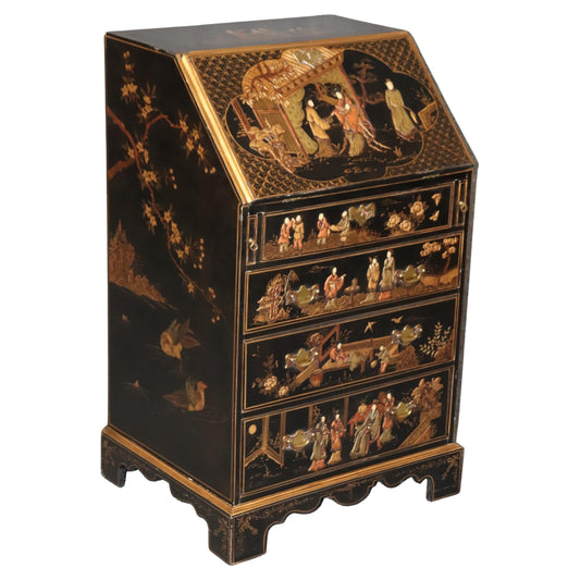 Narrow Raised Lacquer Black Chinoiserie Slatfront Secretary Desk circa 1950