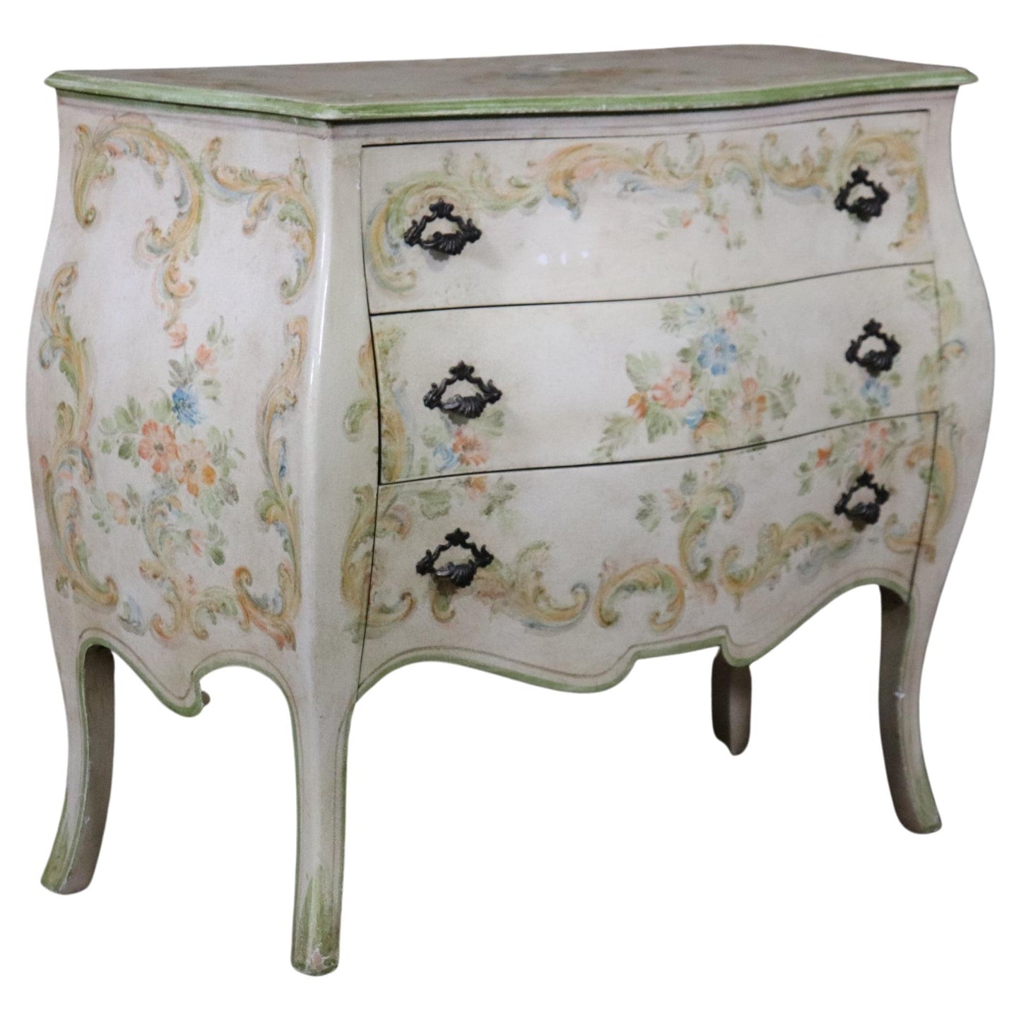 Venetian Paint Decorated Bombe Form Louis XV Style Dresser circa 1940