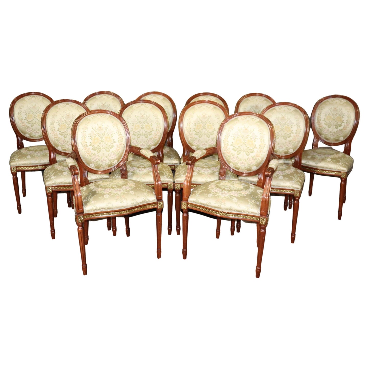 Set 12 Bronze Mounted French Louis XVI Style Walnut Dining Chairs circa 1960