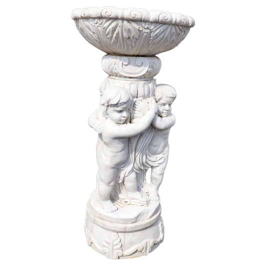 Large Figural Cherub Putti Carved Marble Bird Bath