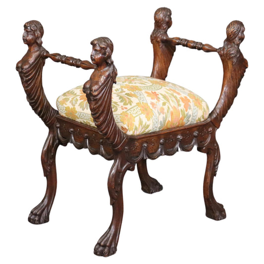 Rare Carved Figural Maiden Walnut Victorian Bench Stool Circa 1870