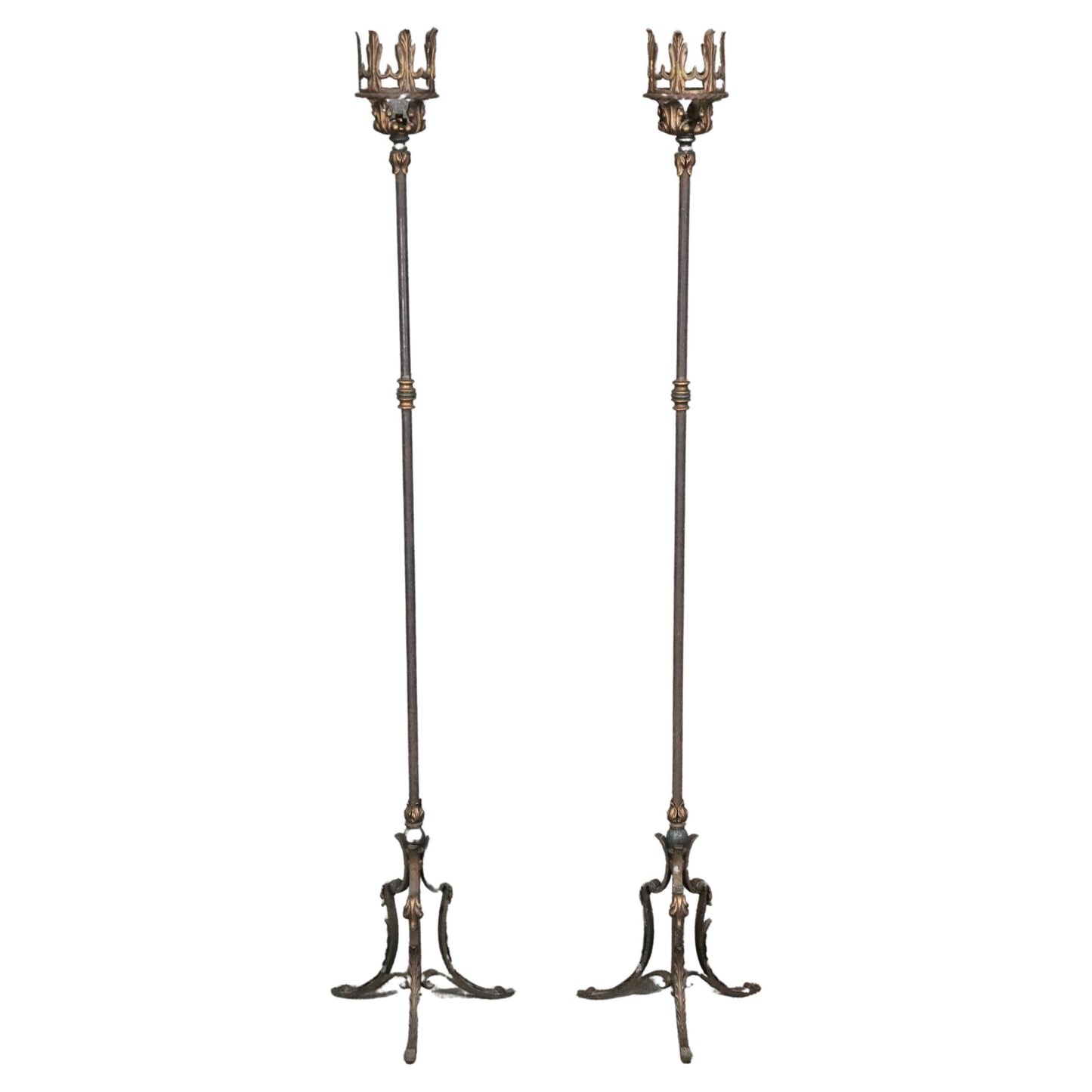 Pair of Hand-Wrought Iron Non Electrified Candle Sticks manner of Oscar Bach