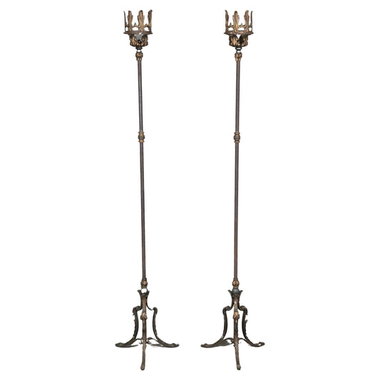 Pair of Hand-Wrought Iron Non Electrified Candle Sticks manner of Oscar Bach