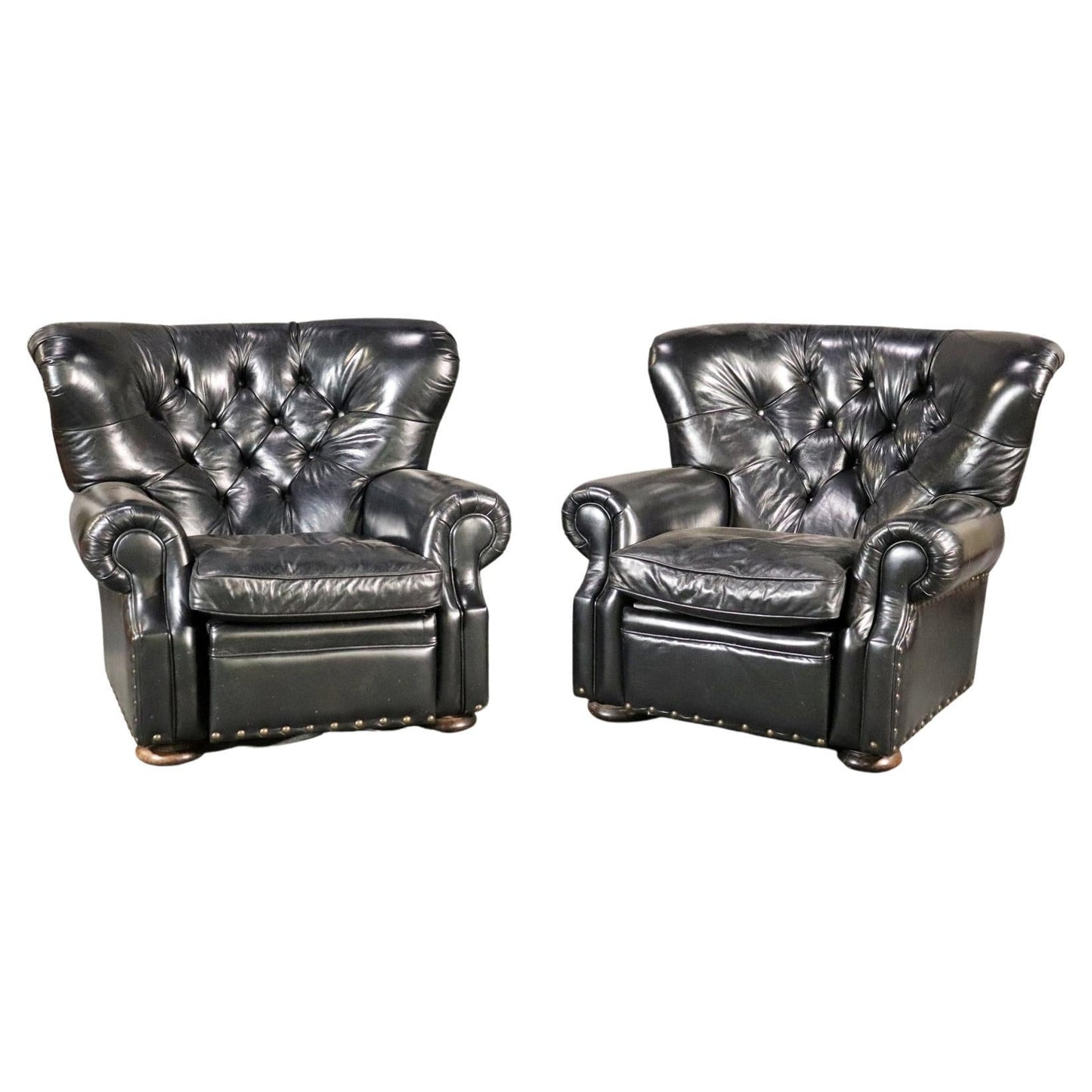 Pair of Tufted English Georgian Style Club Chairs Recliners