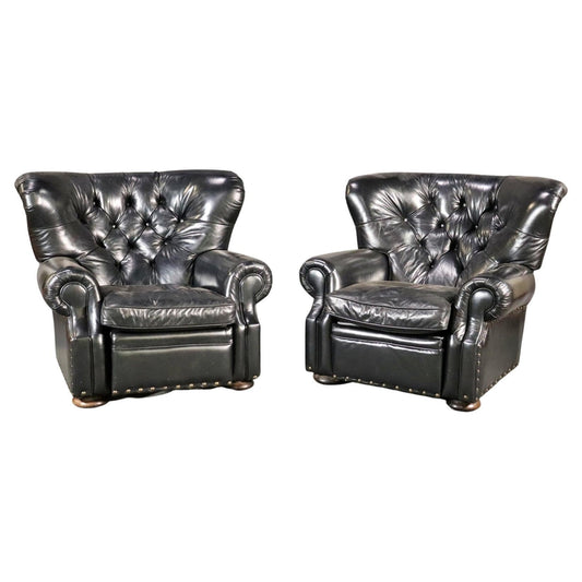 Pair of Tufted English Georgian Style Club Chairs Recliners