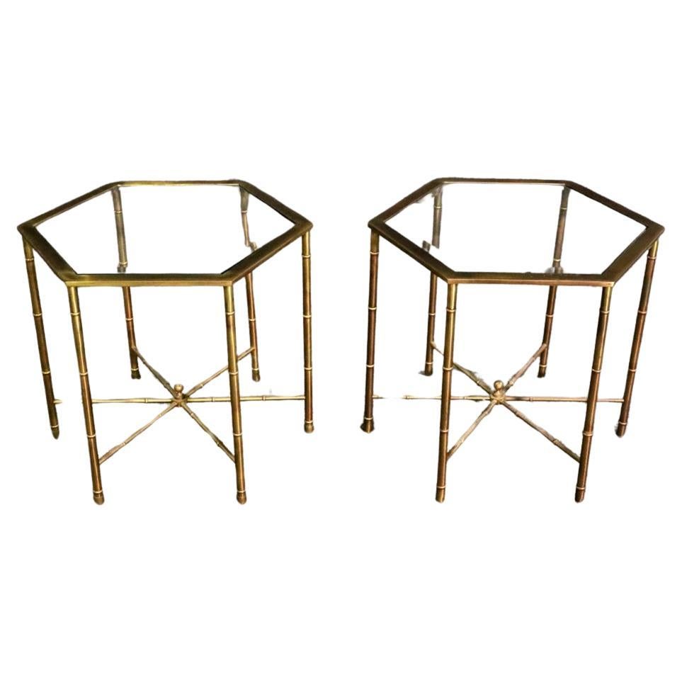 Pair of Faux Bamboo Bagues Style Solid Brass Hexangonal End Tables Circa 1970