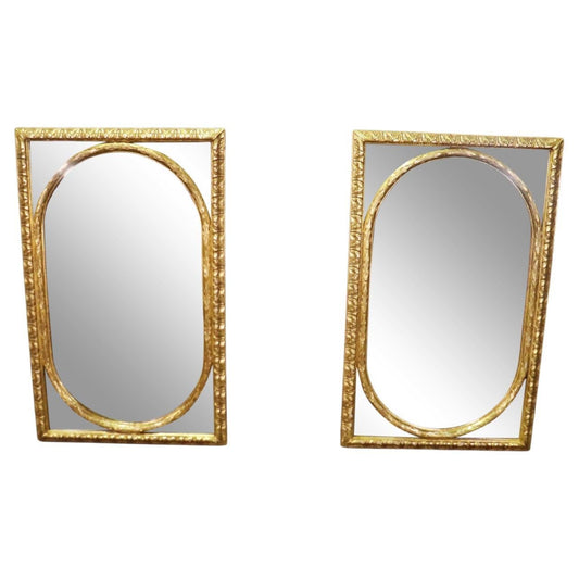 Pair of French Gilded Oval within a Rectangle Gilt Wood Mirrors