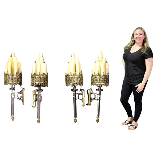 Set of Four Monumental Brass Bronze and Steel Gothic Sconces