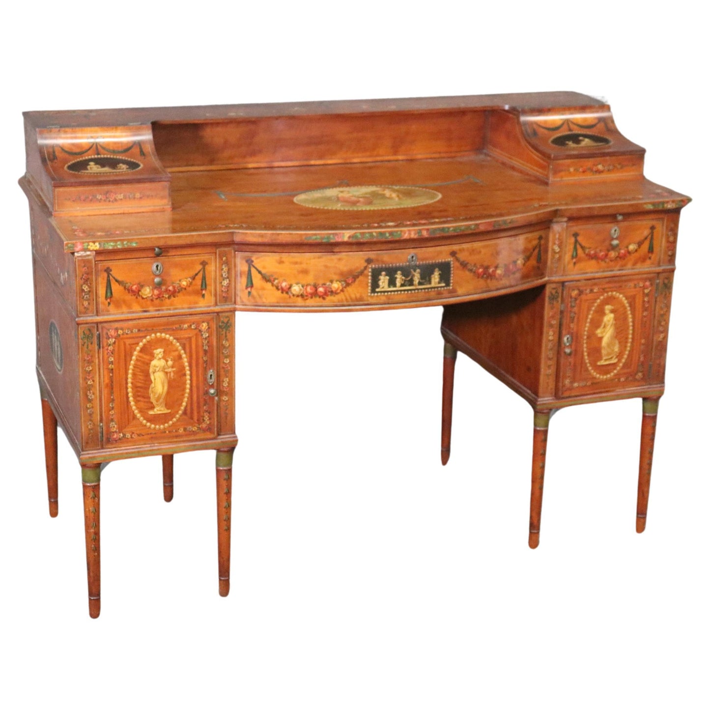 Superb English Paint Decorated Adams Satinwood Carlton House Desk Circa 1890s