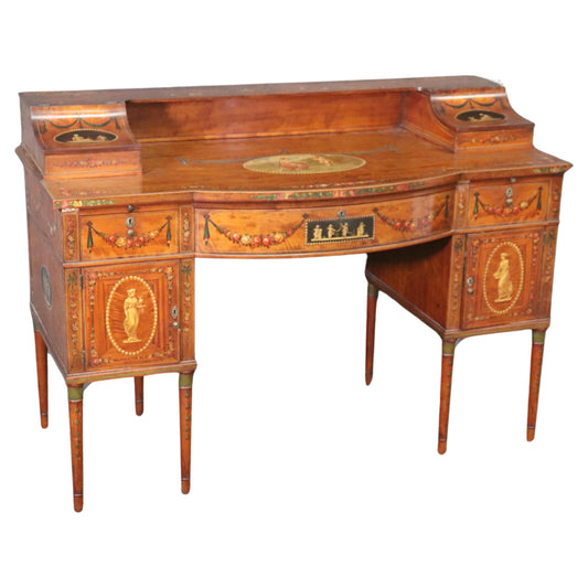 Superb English Paint Decorated Adams Satinwood Carlton House Desk Circa 1890s