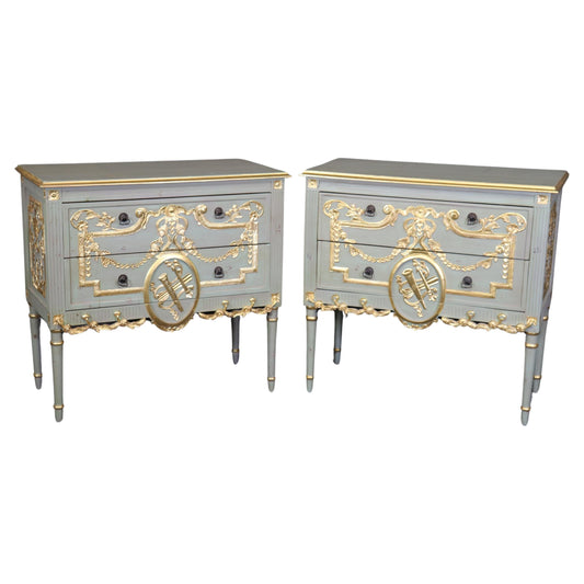 Pair of Robin's Egg Blue and Gilded French Louis XVI Style Distressed Commodes