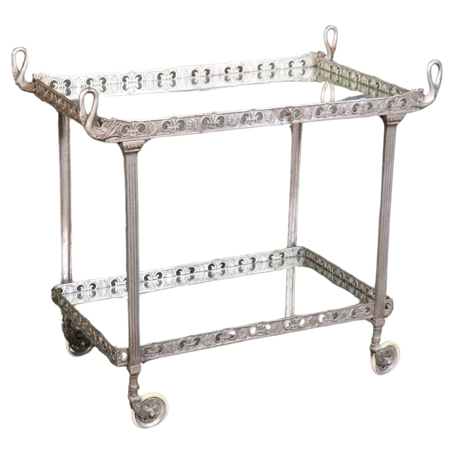 Fine Silvered Metal Italian Swan Mirrored Tea Cart Liquor Trolley Bar Cart