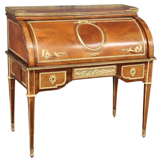 Best Dore' Bronze Mounted Putti Walnut Cylinder Writing Desk with Leather