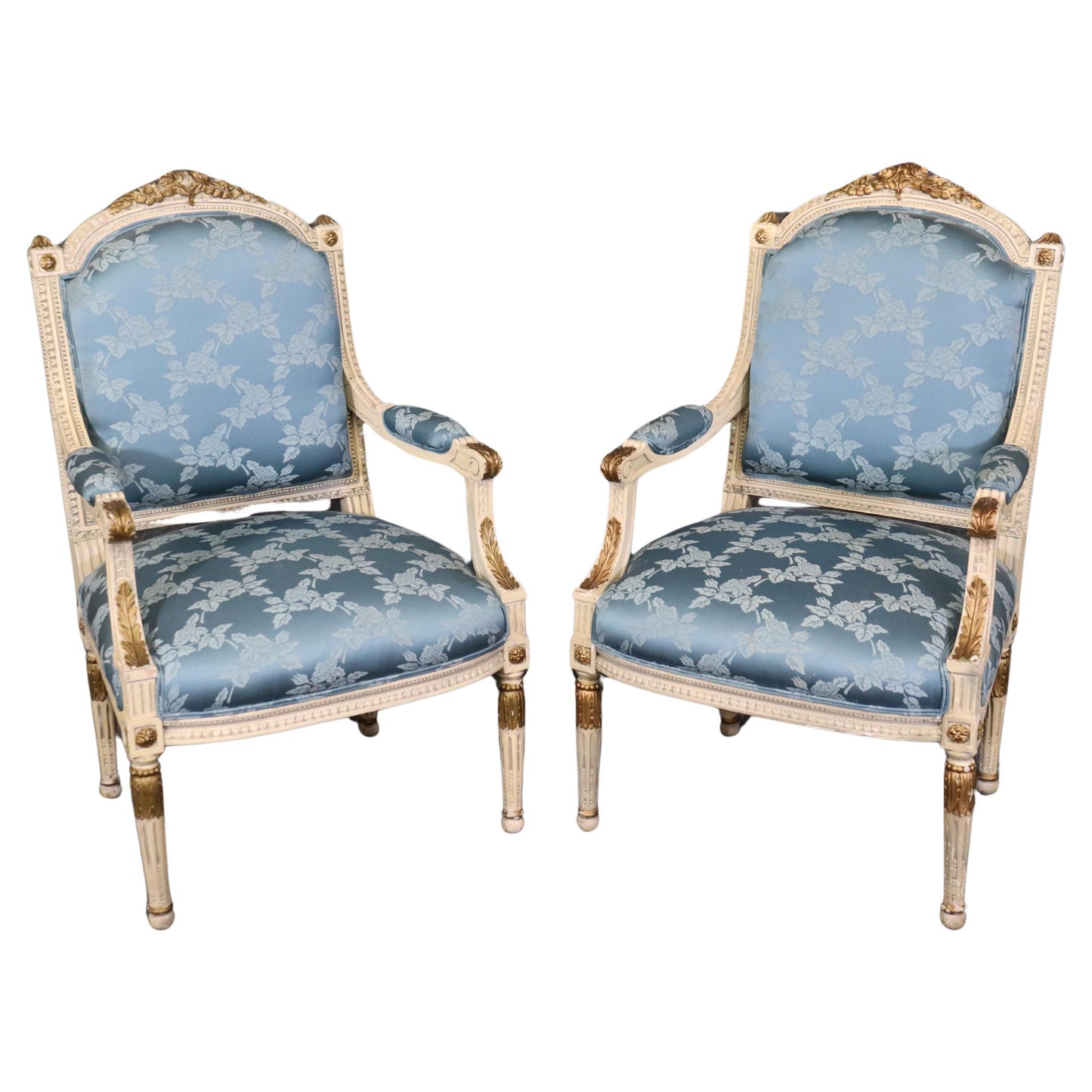 Gorgeous Pair French Carved Painted and Gilded Armchairs Blue Silk