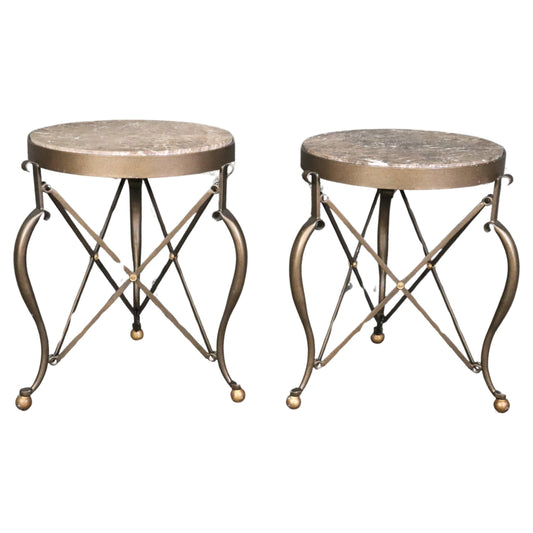 Pair of Round French Directoire Style Bronze Colored Steel Marble Top Gueridons