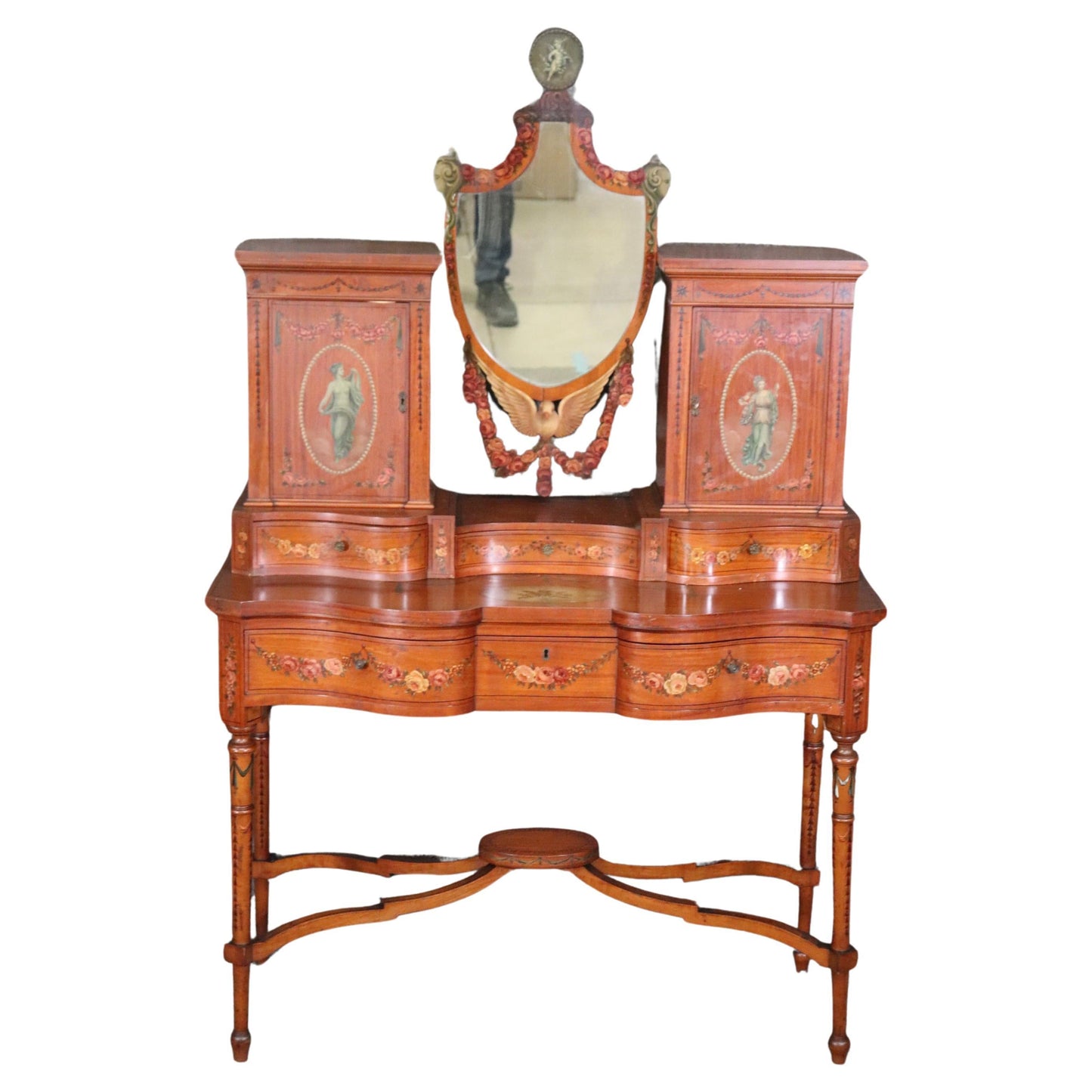 Fine Quality Gillow & Co Satinwood Paint Decorated Ladies Vanity Circa 1890s